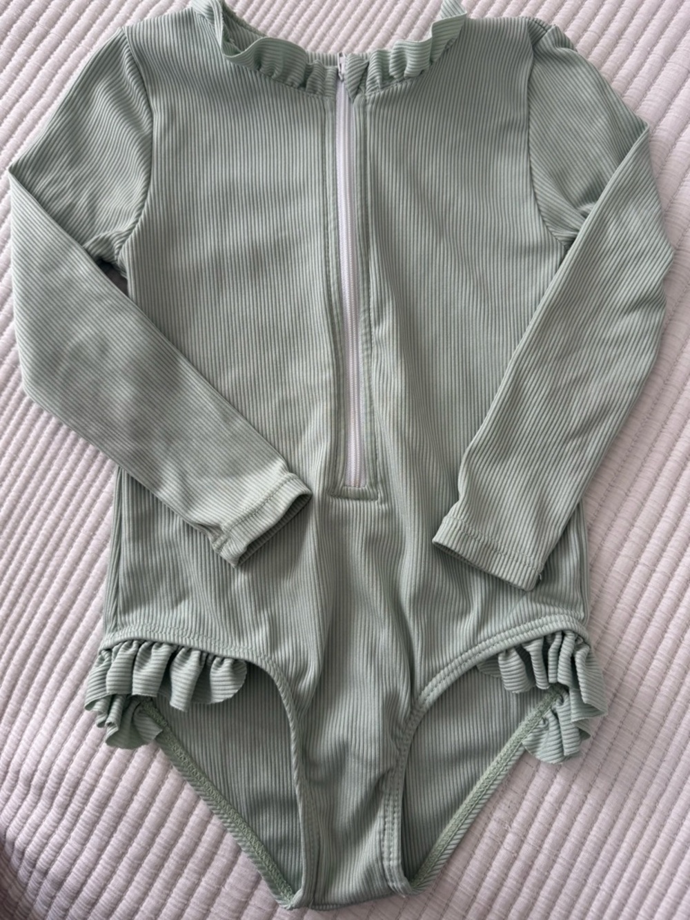 Ribbed Long-Sleeve Ruffle One-Piece Swimsuit - Sage Green